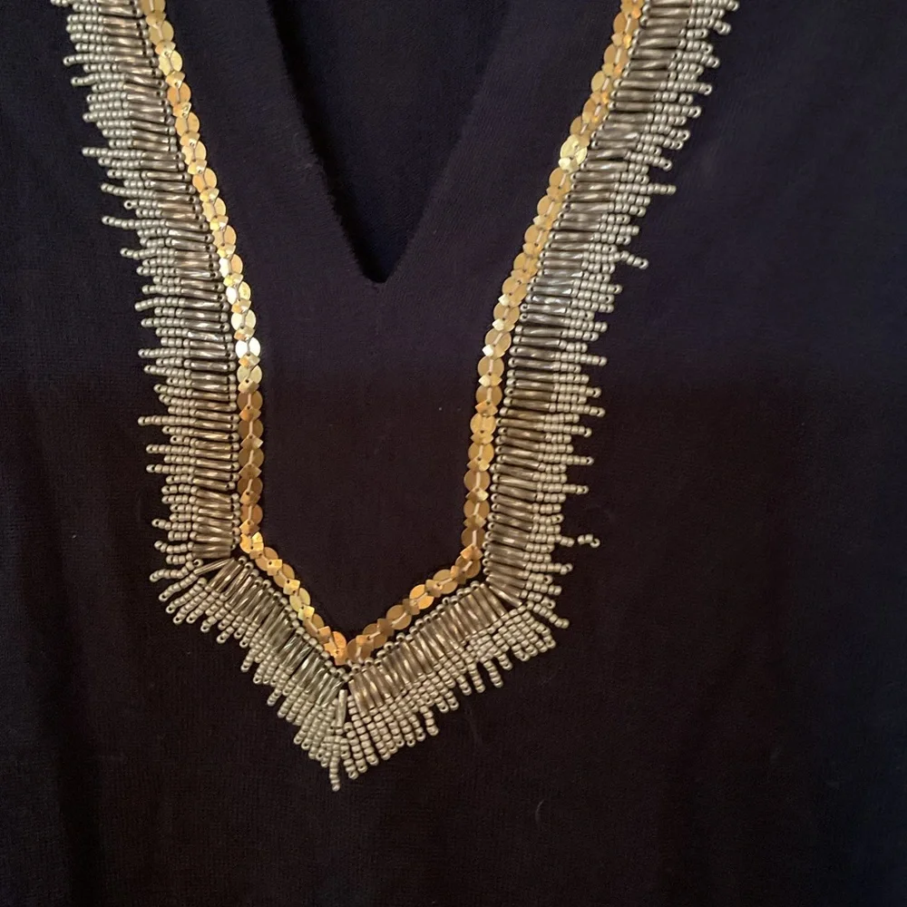 Tory Burch Dove gold and silver beaded black tunic sweater size medium.